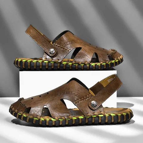 Herren Casual Geschlossene Mikrofaser Sandalen Atmungsaktiv Hohl Handgenäht Outdoor Strand Schuhe Zwei-Wege-Hausschuhe