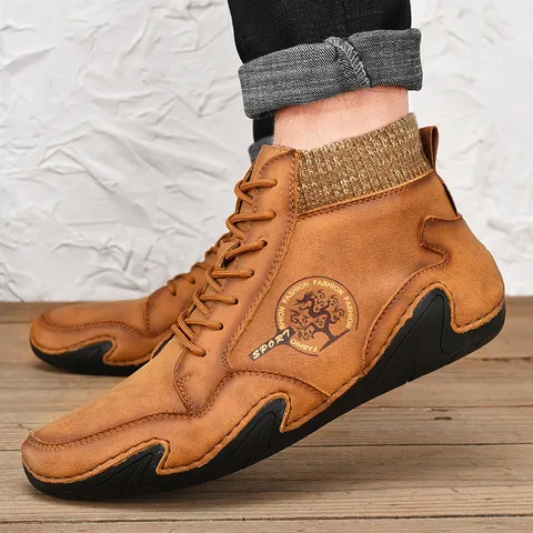 Men's Retro Martin Boots Microfiber PU Leather Knitted Patchwork High Top Casual Work Boots Non Slip Winter Warm Shoes