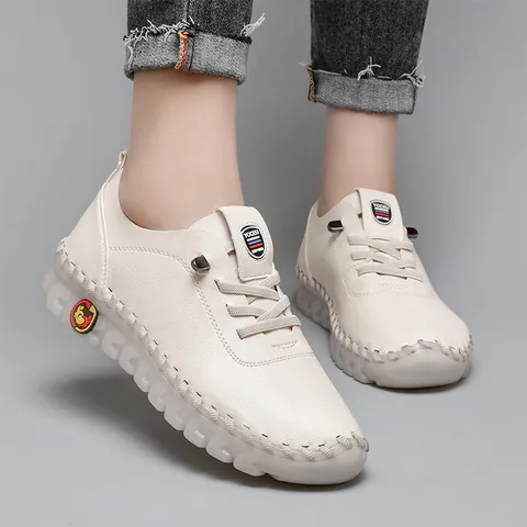 Women Casual Cowhide Leather Shoes Handmade Stitching Soft Sole Flats Round Toe Comfortable Loafers For Daily Commuting