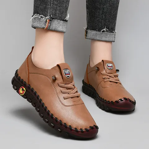 Women Casual Cowhide Leather Shoes Handmade Stitching Soft Sole Flats Round Toe Comfortable Loafers For Daily Commuting