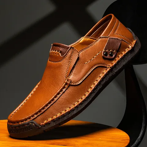 Men's Casual Slip-on Loafers Leather Hand-stitched Driving Shoes Breathable Flat Rubber Sole Moccasins For Men Office Daily