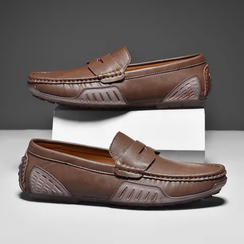 Men Cowhide Leather Loafers Driving Shoes Slip On Breathable British Casual Flat Moccasins For Office Daily Walking Shoes