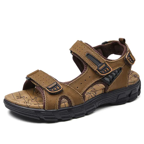Ανδρικά Σανδάλια Outdoor από Δέρμα Βοδιού Πρώτου Στρώματος Χοντρή Σόλα Ανοιχτό Δάχτυλο Παπούτσια Παραλίας Βέλκρο Αναπνεύσιμο Casual