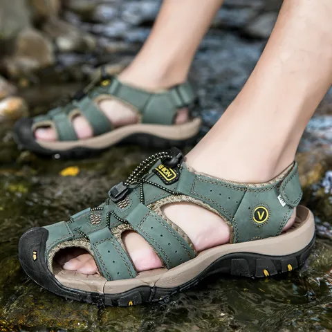 Men Outdoor Genuine Leather Sandals Breathable Anti Slip Closed Toe Beach Shoes Hiking Wading Sport Footwear For Men