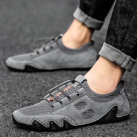 Men's Casual Outdoor Shoes Breathable Pigskin Nubuck Mesh Patchwork Sneakers Slip-On Anti-Slip Rubber Sole Walking Shoes For Men