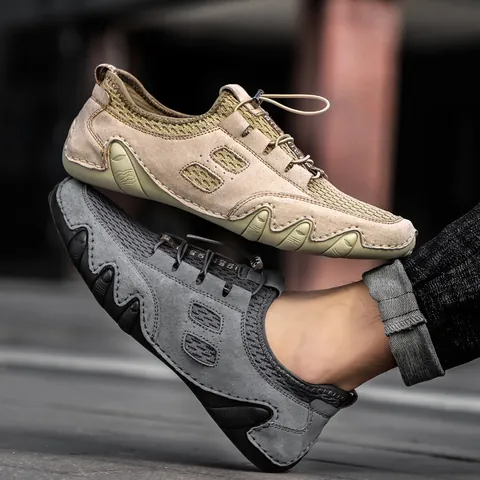 Men's Casual Outdoor Shoes Breathable Pigskin Nubuck Mesh Patchwork Sneakers Slip-On Anti-Slip Rubber Sole Walking Shoes For Men