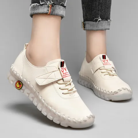 Mocassins Artisanaux Décontractés pour Femmes en Cuir de Vachette Souple et Microfibre Chaussures Cousues à la Main à Enfiler Semelle Souple