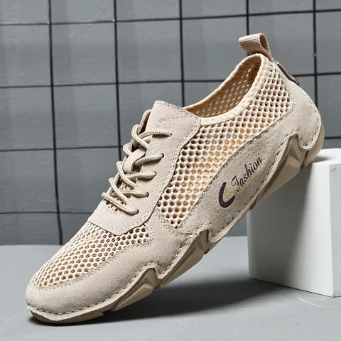 Men's Casual Genuine Leather Mesh Sneakers Breathable Splicing Summer Sport Shoes Large Size Fashion Outdoor Walking Shoes
