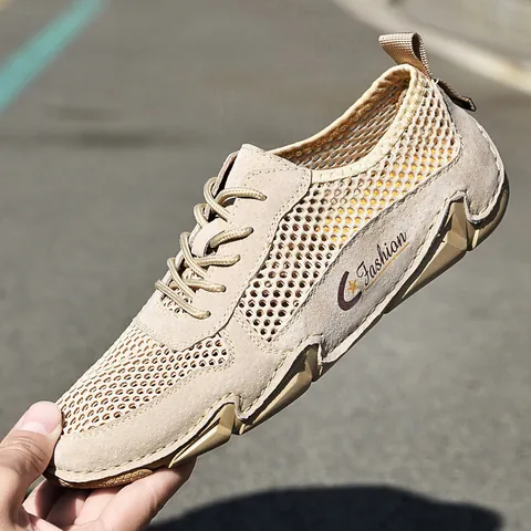 Men's Casual Genuine Leather Mesh Sneakers Breathable Splicing Summer Sport Shoes Large Size Fashion Outdoor Walking Shoes
