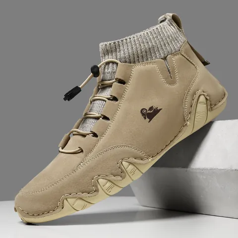 Bottines Martin Décontractées pour Hommes Hautes Col Chaussette en Tricot Lacets Élastiques Cuir Microfibre Semelle en Caoutchouc Antidérapante