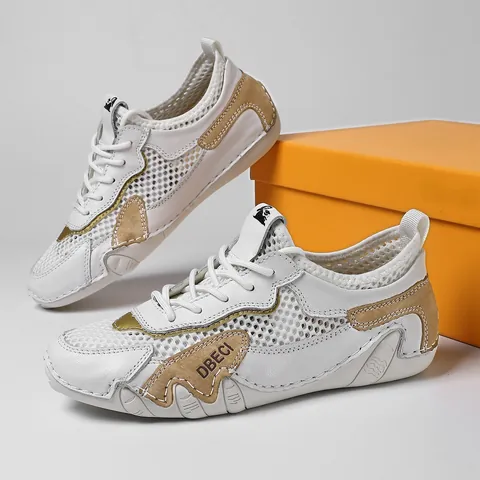 Women's Breathable Mesh Sneakers Leather Splicing Casual Running Shoes Outdoor Walking Lightweight Fashion Sneakers Rubber Sole