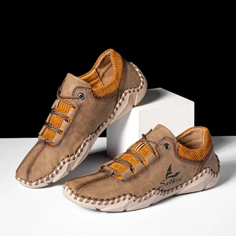 Salkin Men's Casual Leather Shoes Hand-stitched Retro Loafers Microfiber Leather Breathable Outdoor Hiking Fashion Sneakers Men Flat Shoes