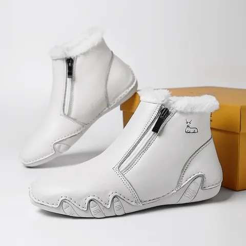Women Vintage Genuine Leather Martin Boots Warm Fleece Lined Ankle Boots Side Zip Non Slip Outdoor Casual Shoes White Black