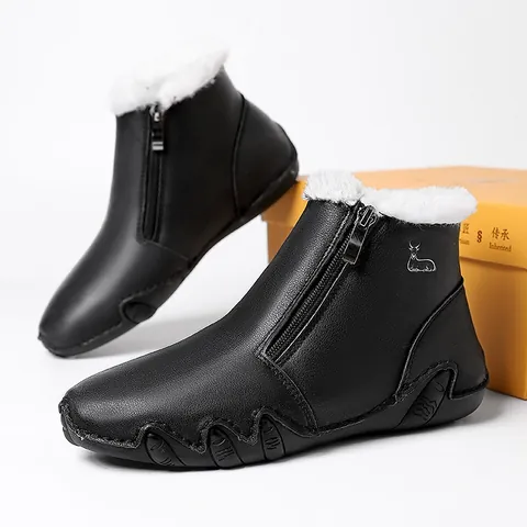 Women Vintage Genuine Leather Martin Boots Warm Fleece Lined Ankle Boots Side Zip Non Slip Outdoor Casual Shoes White Black