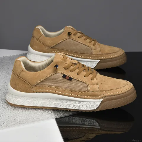 Men's Casual Suede Leather Sneakers Fashion Thick Sole Board Shoes Breathable Patchwork Low Top Lace-Up Walking Shoes
