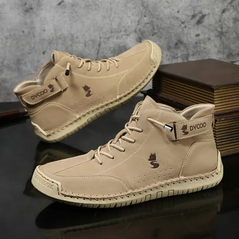 Men's Casual Martin Boots Hand-Stitched High Top Microfiber Leather Non-Slip Breathable Outdoor Retro Shoes With Hook And Loop