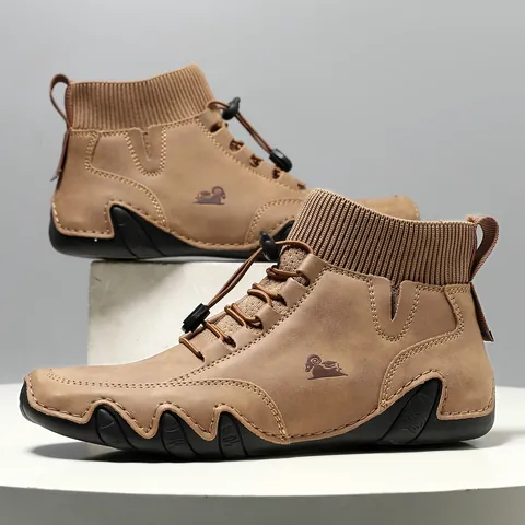 Men Women Casual High Top Martin Boots Sock Collar Microfiber Leather Outdoor Warm Wavy Sole Drawstring Fastening Shoes