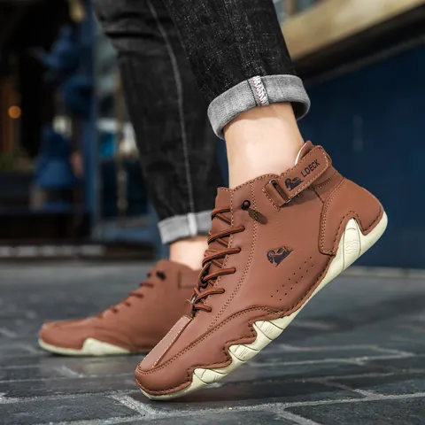 LDECK Men Women Head Layer Cowhide Martin Boots Winter Warm Plus Velvet High Top Outdoor Casual Non-Slip Rubber Sole Shoes