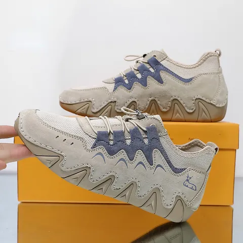 Unisex Genuine Pigskin Mesh Outdoor Sneakers Breathable Anti-Slip Wave Sole Casual Hiking Shoes Elastic Drawstring Closure