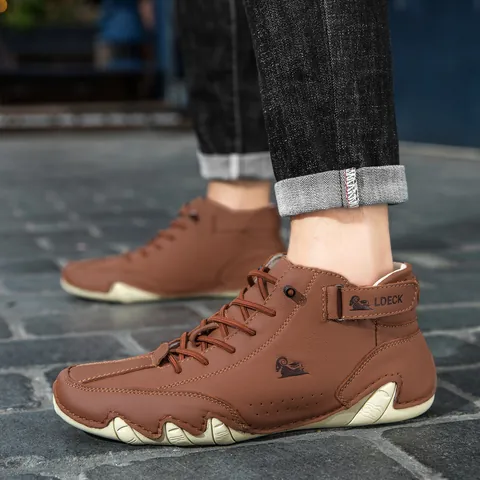 LDECK Men Women Head Layer Cowhide Martin Boots Winter Warm Plus Velvet High Top Outdoor Casual Non-Slip Rubber Sole Shoes
