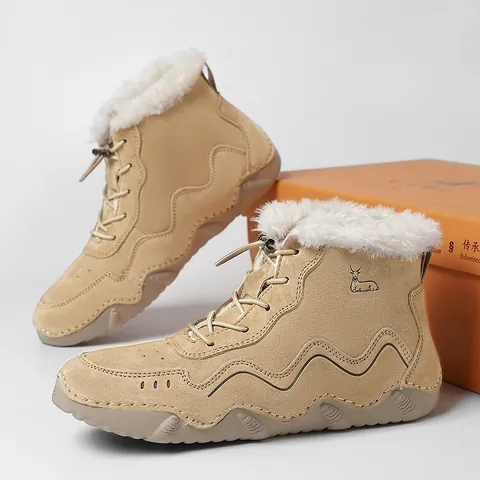 Genuine Leather Martin Boots For Women Warm Faux Fur Lining Non-Slip Wavy Rubber Sole Outdoor Casual Fashion Snow Boots