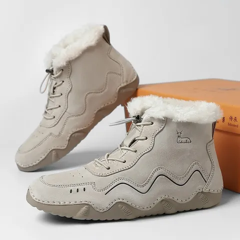 Genuine Leather Martin Boots For Women Warm Faux Fur Lining Non-Slip Wavy Rubber Sole Outdoor Casual Fashion Snow Boots