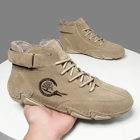Men Outdoor Casual Boots Thick Sole Warm Plush Lining High Top Martin Boots Lace-up Velcro Ankle Strap Non-slip Rubber Sole