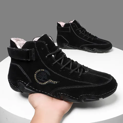 Men Outdoor Casual Boots Thick Sole Warm Plush Lining High Top Martin Boots Lace-up Velcro Ankle Strap Non-slip Rubber Sole