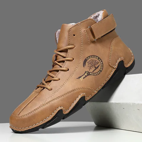 Bottes Martin de Plein Air pour Hommes Cuir Microfibre Montantes Hiver Chaud Doublure Peluche Velcro Lacets Chaussures Décontractées Semelle Caoutchouc Antidérapante