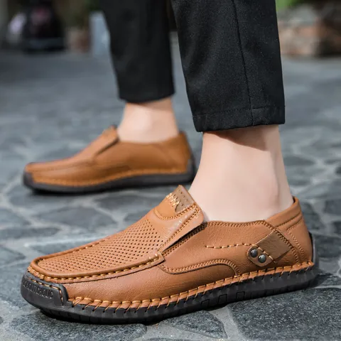 Uomo Scarpe Casual in Microfibra Cucite a Mano Outdoor Perforate Senza Lacci Mocassini Piatti Scarpe da Guida Traspiranti Calzature Uomo