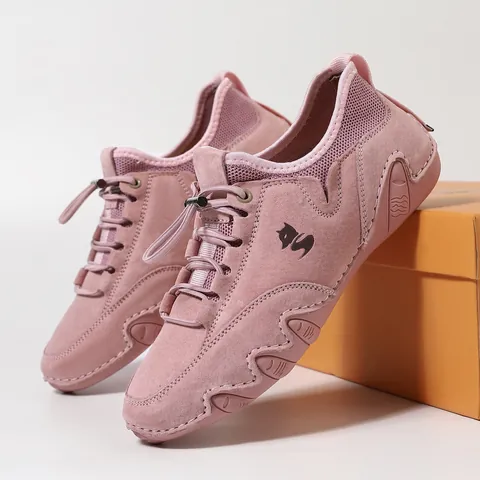 Women's Outdoor Casual Sneakers First Layer Pigskin Leather Breathable Low Top Shoes With Elastic Laces Non-Slip Rubber Sole Fox Logo Footwear