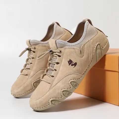 Women's Outdoor Casual Sneakers First Layer Pigskin Leather Breathable Low Top Shoes With Elastic Laces Non-Slip Rubber Sole Fox Logo Footwear