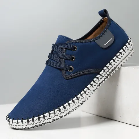 Heren Casual Skateschoenen Microvezel Leer Ademend Handgeweven Rand Ronde Neus Lage Sneakers Vetersluiting