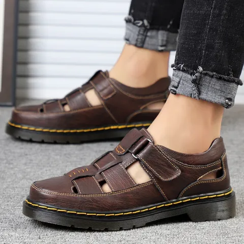 Men's Genuine Leather Casual Sandals Closed Toe Hollow Out Work Shoes With Thick Sole And Yellow Stitching Velcro Breathable Summer Walking Shoes