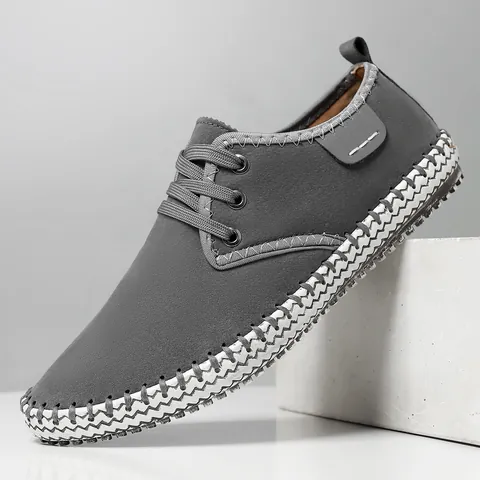 Heren Casual Skateschoenen Microvezel Leer Ademend Handgeweven Rand Ronde Neus Lage Sneakers Vetersluiting