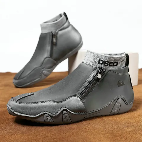 Bottines Martin Décontractées pour Hommes en Cuir de Porc Véritable Chaussures d'Hiver Chaudes à Tige Haute Fermeture Éclair Latérale Semelle en Caoutchouc Antidérapante