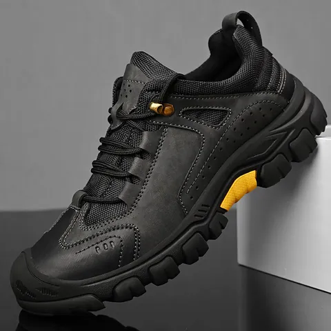 Men Genuine Leather Outdoor Hiking Shoes Non-Slip Casual Work Shoes Thick Sole Low-Top Lace-Up Trekking Sneakers