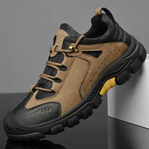 Men Genuine Leather Outdoor Hiking Shoes Non-Slip Casual Work Shoes Thick Sole Low-Top Lace-Up Trekking Sneakers