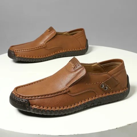 Men Hand Stitched Leather Loafers Casual Slip On Shoes For Outdoor Travel Fashion Breathable Flat Walking Shoes Microfiber Leather Rubber Sole Large Size
