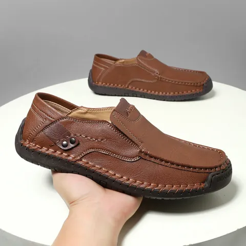 Men Hand Stitched Leather Loafers Casual Slip On Shoes For Outdoor Travel Fashion Breathable Flat Walking Shoes Microfiber Leather Rubber Sole Large Size