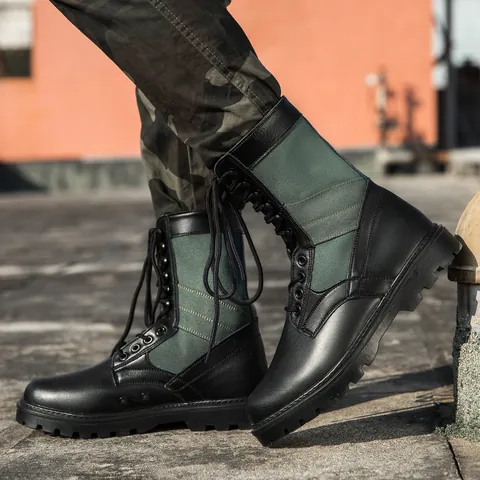 Men's High Top Tactical Combat Martin Boots Cowhide Leather Fabric Patchwork Anti Slip Rubber Sole Lace Up Outdoor Work Shoes