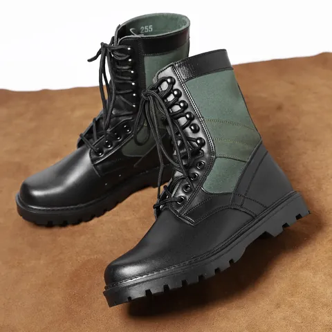 Men's High Top Tactical Combat Martin Boots Cowhide Leather Fabric Patchwork Anti Slip Rubber Sole Lace Up Outdoor Work Shoes