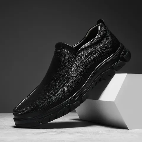 Men Casual Leather Shoes Black Cowhide Business Formal Dress Shoes Thick Rubber Sole Slip On Lace Up Outdoor Hiking Shoes
