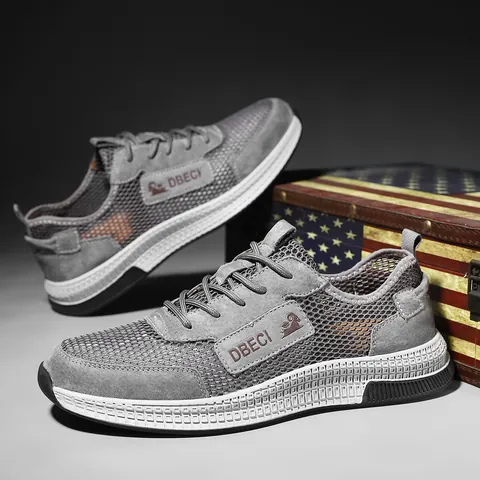 Men's Breathable Mesh Casual Sneakers Top Layer Pigskin Leather Outdoor Walking Shoes Lace-up Anti-slip Rubber Sole Large Size