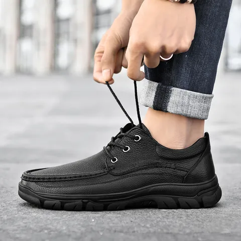 Men Casual Leather Shoes Black Cowhide Business Formal Dress Shoes Thick Rubber Sole Slip On Lace Up Outdoor Hiking Shoes