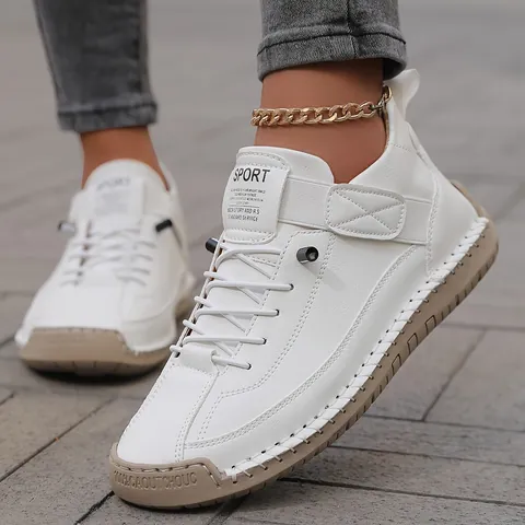 Chaussures Décontractées en Cuir Synthétique Microfibre Cousu Main Mocassins Plats Retro Semelle en Caoutchouc Antidérapante Homme Femme