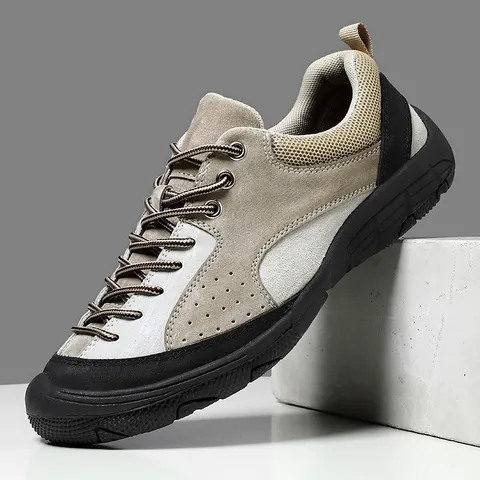 Men Outdoor Hiking Shoes Suede Pigskin Breathable Low Top Trekking Sneakers Anti Slip Rubber Sole Casual Sport Shoes
