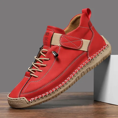 Chaussures Décontractées en Cuir Synthétique Microfibre Cousu Main Mocassins Plats Retro Semelle en Caoutchouc Antidérapante Homme Femme