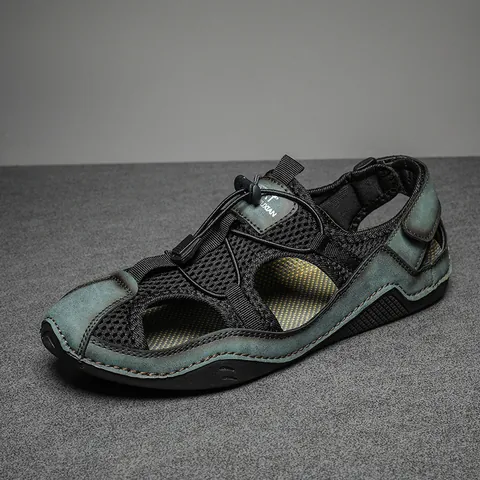 Sandalias Deportivas al Aire Libre para Hombre Malla Transpirable Cuero de Microfibra Punta Cerrada Sandalias de Playa Verano Antideslizantes Zapatos Casuales