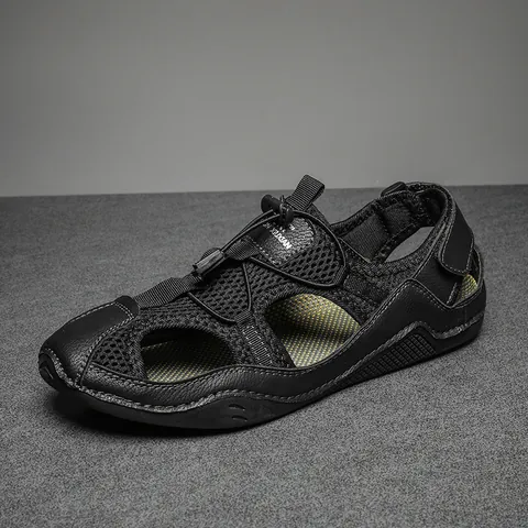 Sandalias Deportivas al Aire Libre para Hombre Malla Transpirable Cuero de Microfibra Punta Cerrada Sandalias de Playa Verano Antideslizantes Zapatos Casuales